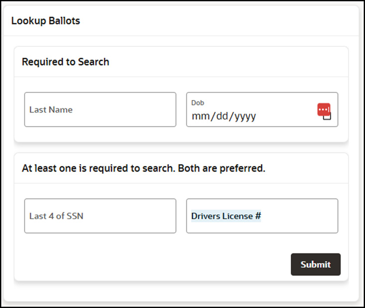 The Lookup Ballots form before any input — fields for last name, date of birth, last four of SSN, and driver's license number, with a Submit button.